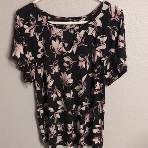 Papermoon Black Pink & White Floral Keyhole Short-Sleeve Top